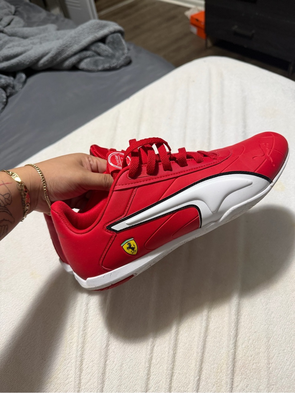 Puma Red and White Low-Top Racing Sneaker with Ferrari Shield